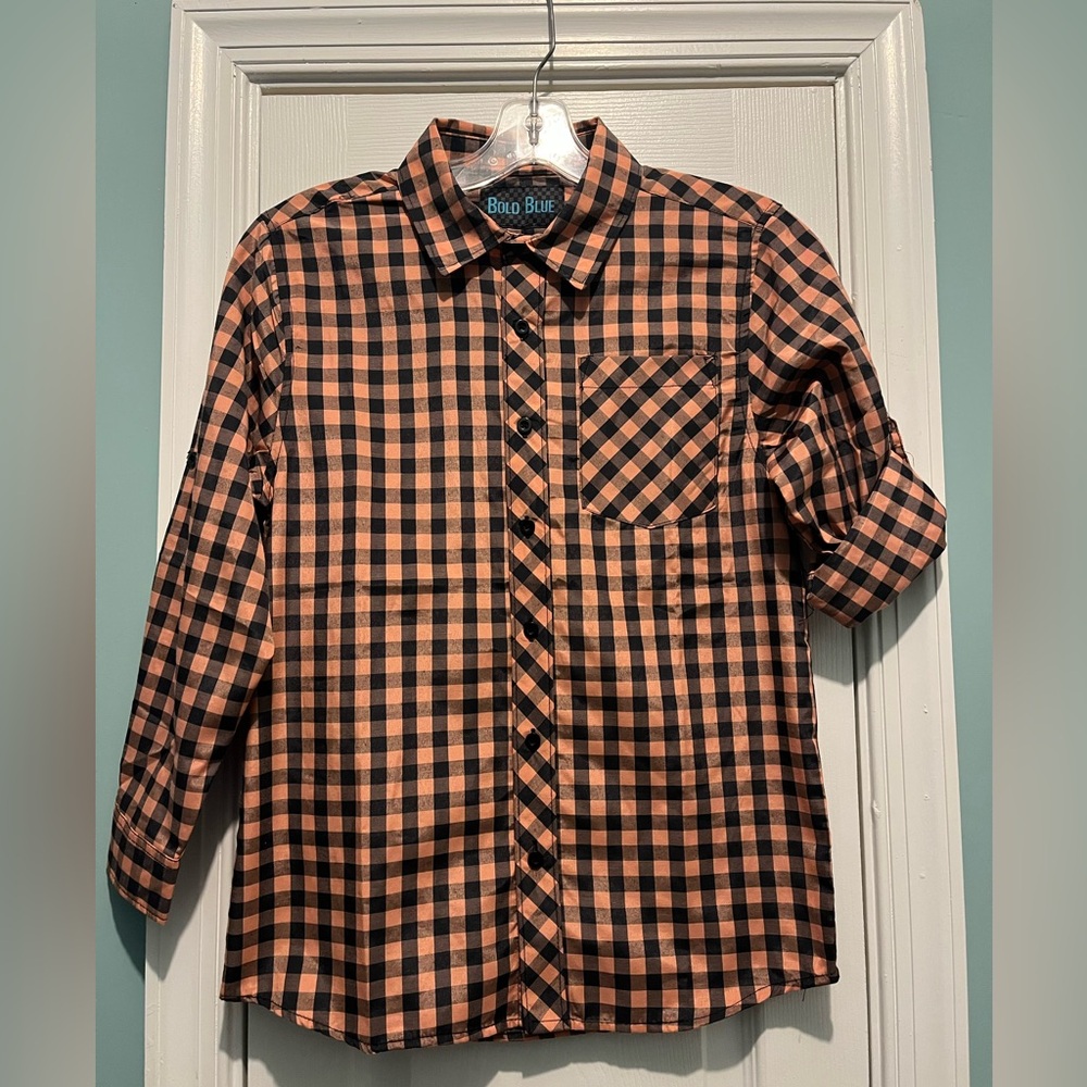 Bold Blue Boys Orange And Black Plaid Button Up Shirt Boys Size M